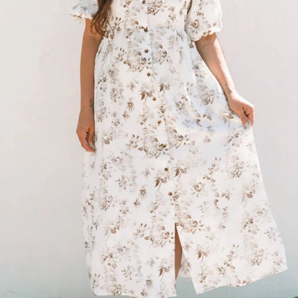 Printed Button Front Puff Sleeve Dress - Image 5