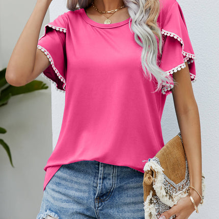 Pom-Pom Trim Flutter Sleeve Round Neck Tee - Image 5