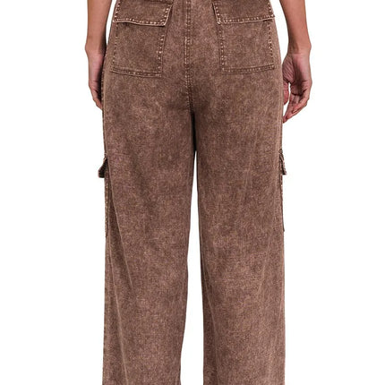Zenana Washed Linen Elastic Band Waist Cargo Pants - Image 3