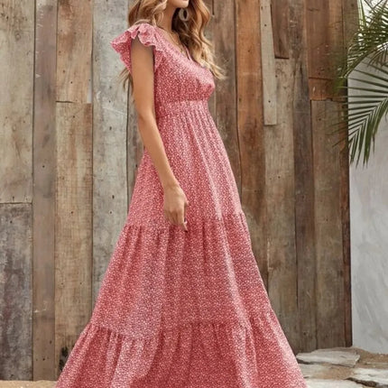 Printed V-Neck Ruffled Cap Sleeve Maxi Dress - Image 8