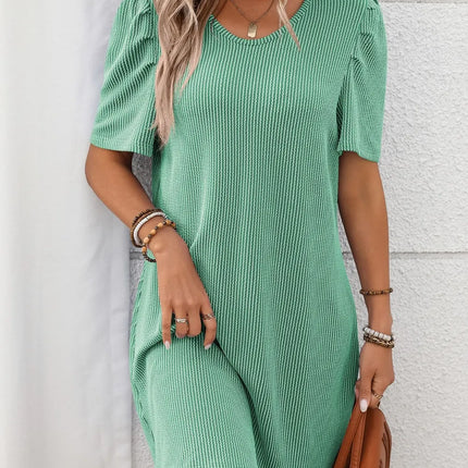 Textured Round Neck Short Sleeve Mini Dress - Image 11