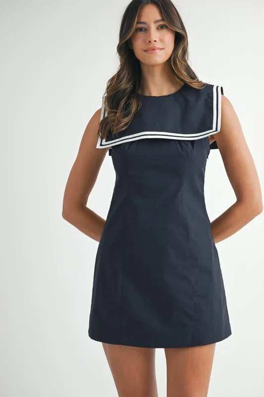 MABLE Contrast Piping Square Sailor Collar Mini Dress
