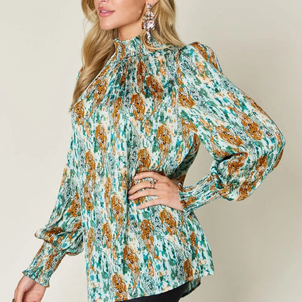 Double Take Full Size Printed Smocked Long Sleeve Blouse - Image 29