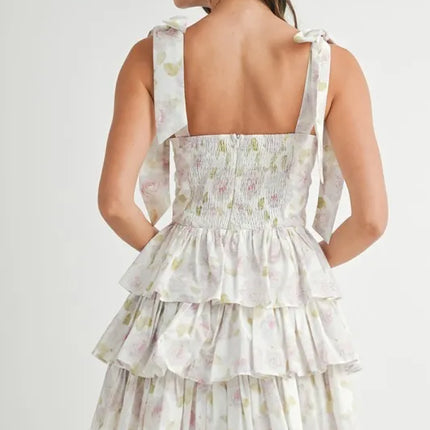 MABLE Floral Print Shoulder Tie Layered Mini Dress - Image 8