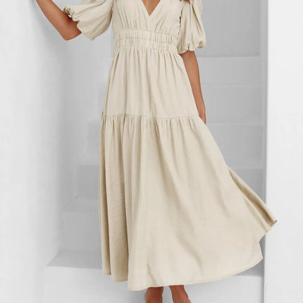 V-Neck Puff Sleeve Midi Dress - Image 11