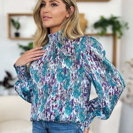Double Take Full Size Printed Smocked Long Sleeve Blouse - Image 7