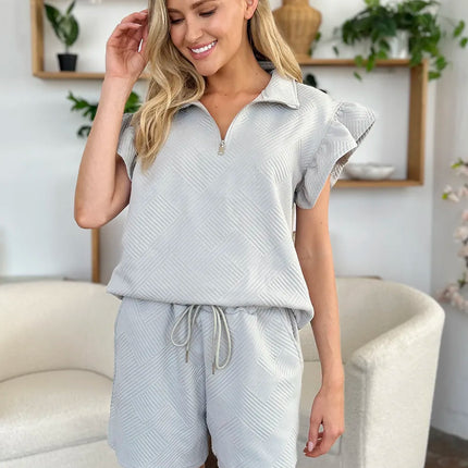 Double Take Full Size Texture Flounce Sleeve Top and Drawstring Shorts Set - Image 5