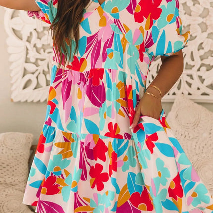 Floral Bubble Sleeve V Neck Tiered Ruffle Babydoll Dress - Image 5