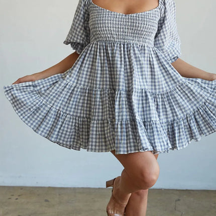 Ruffled Hem Plaid Half Sleeve Mini Dress - Image 4