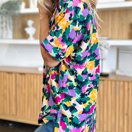 Double Take Full Size Printed V-Neck Short Sleeve Side Slit Top - Image 9