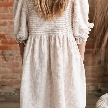 Textured Ruffled Puff Sleeve Loose Dress - Image 2