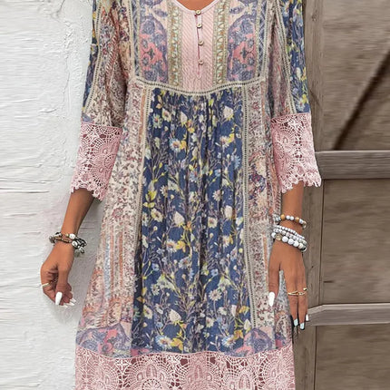 Full Size Lace Detail Printed Three-Quarter Sleeve Dress - Image 1