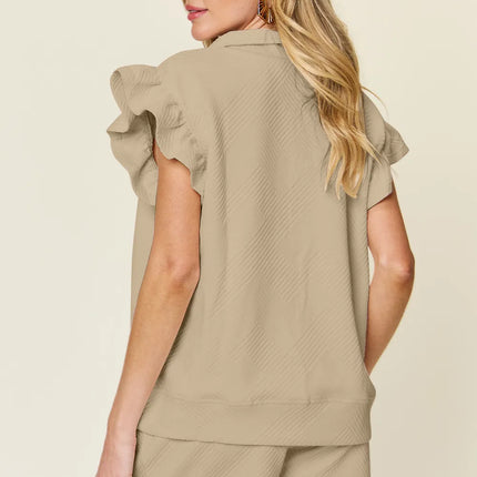 Double Take Full Size Texture Flounce Sleeve Top and Drawstring Shorts Set - Image 24