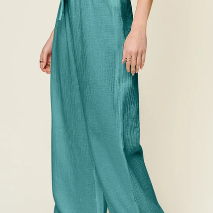 Double Take Full Size Texture Drawstring Wide Leg Pants - Image 20