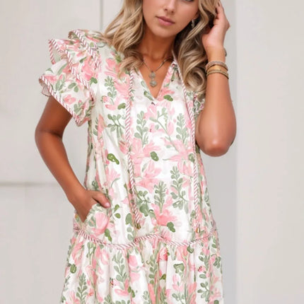 Floral Contrast Edge Layered Short Sleeve Mini Dress - Image 1