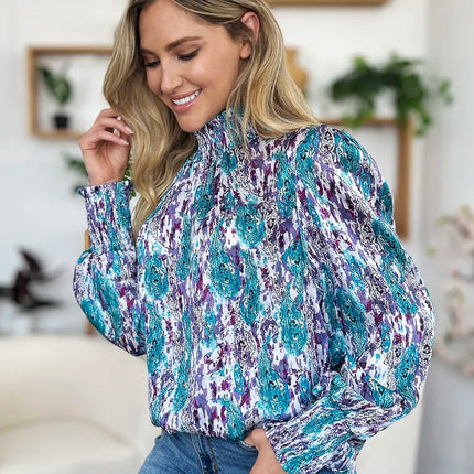 Double Take Full Size Printed Smocked Long Sleeve Blouse - Image 13