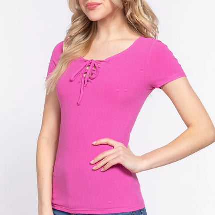 ACTIVE BASIC Lace Up Short Sleeve Rib Knit T-Shirt - Image 3