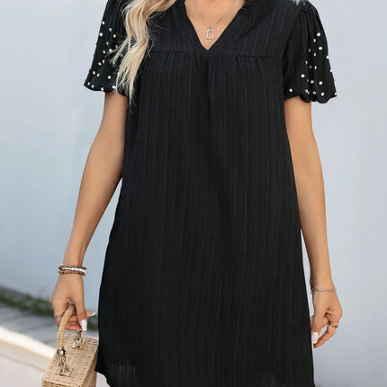 Textured V-Neck Short Sleeve Mini Dress - Image 1