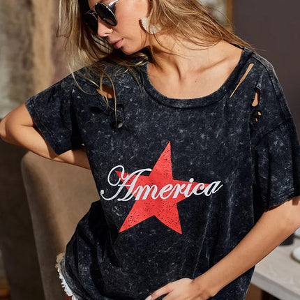 BiBi Laser Cut Mineral Washed Jersey Top with  America - Image 6