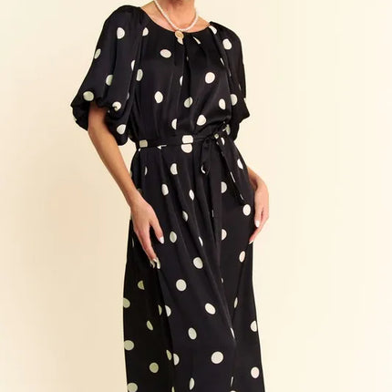 Davi & Dani Polka Dot Puff Sleeves Waist Tie Midi Dress - Image 3
