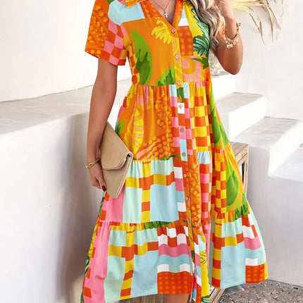 Devine Printed Johnny Collar Button Down Short Sleeve Midi Shirt Dress - Image 17