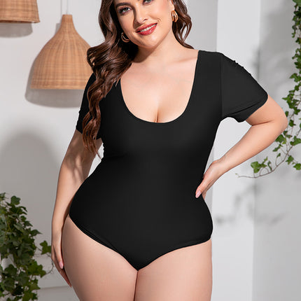 Plus Size Scoop Neck Short Sleeve One-Piece Swimsuit - Image 4