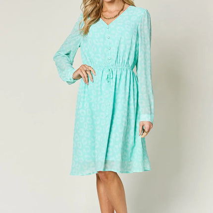 Double Take Full Size Printed Ruched V-Neck Long Sleeve Dress - Image 5