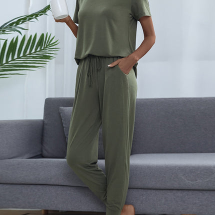 Shiny Round Neck Short Sleeve Top and Pants Set - Image 7