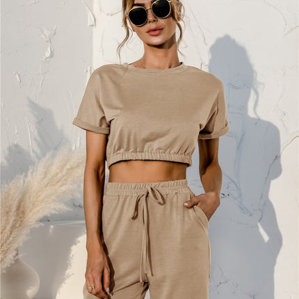 Short Sleeve Cropped Top and Drawstring Shorts Lounge Set - Image 7