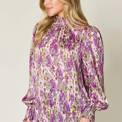 Double Take Full Size Printed Smocked Long Sleeve Blouse - Image 23