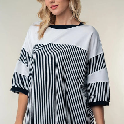 White Birch Full Size Striped Contrast Round Neck Top - Image 4