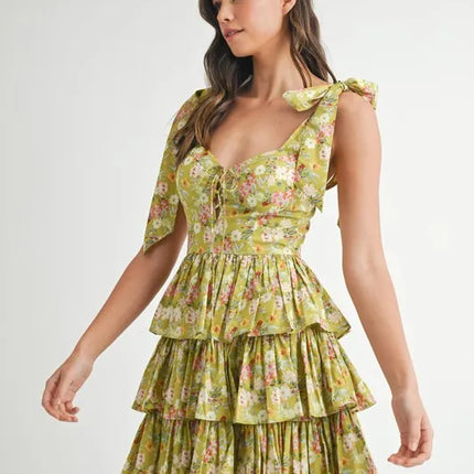 MABLE Floral Print Shoulder Tie Layered Mini Dress - Image 6