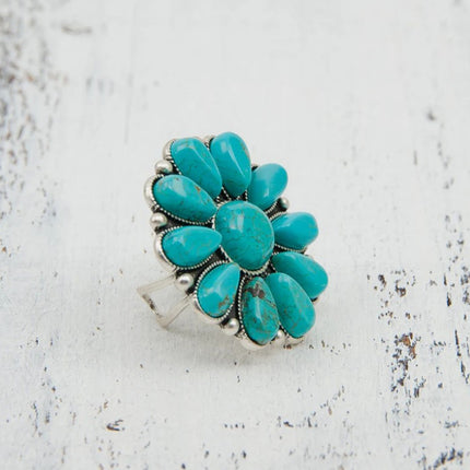 Artificial Turquoise Alloy Flower Ring - Image 4