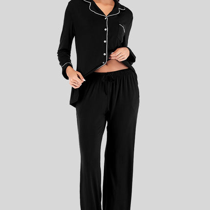 Collared Neck Long Sleeve Loungewear Set with Pockets - Image 13