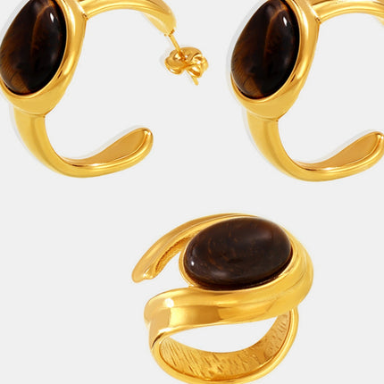 Stainless Steel Tigerite Ring and C-Hoop Earrings Set - Image 3