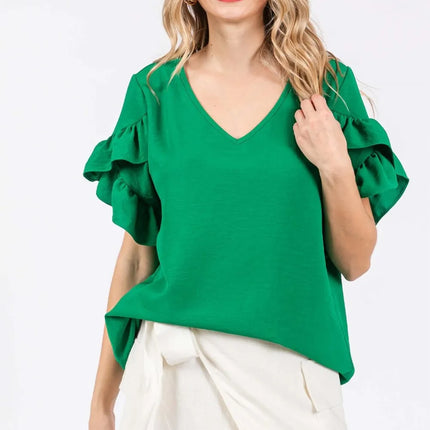 GeeGee Ruffled Short Sleeve V-Neck Blouse - Image 1