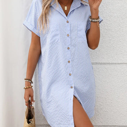 Striped Button Down Short Sleeve Mini Dress - Image 5