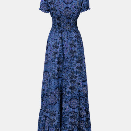 Full Size Smocked Printed V-Neck Short Sleeve Dress - Image 17