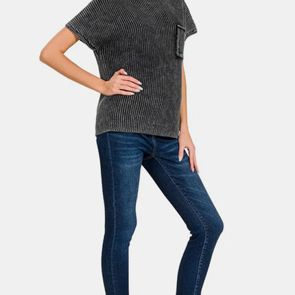 Zenana Pocketed Mock Neck Short Sleeve Sweater - Image 3