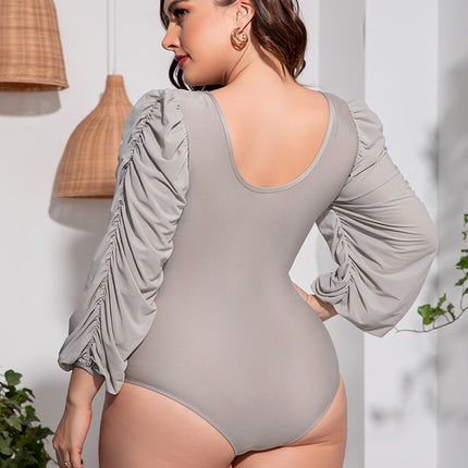 Plus Size Tied Deep V Balloon Sleeve One-Piece Swimsuit - Image 9