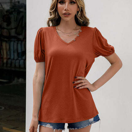 Ivy Lane V-Neck Decorative Buttons Puff Sleeve Tee - Image 1