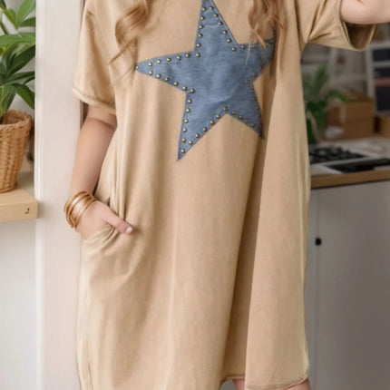 Mineral Wash Stud Beaded Star Pocketed T Shirt Dress - Image 1