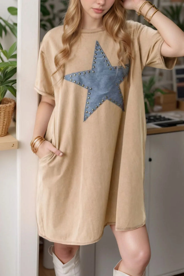 Mineral Wash Stud Beaded Star Pocketed T Shirt Dress