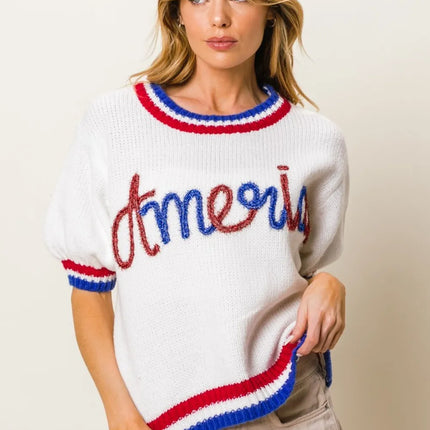 BiBi Metallic America Letter Short Sleeve Sweater - Image 3