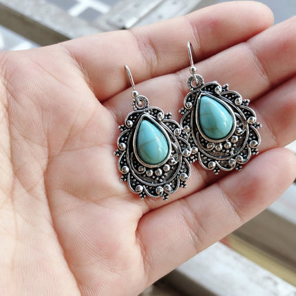 Artificial Turquoise Alloy Teardrop Dangle Earrings - Image 3