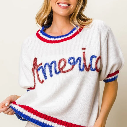 BiBi Metallic America Letter Short Sleeve Sweater - Image 4