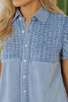Smocked Collared Neck Cap Sleeve Denim Dress - Image 7