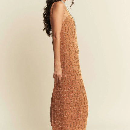 Davi & Dani Golden Textured Zippered Midi Dress - Image 7