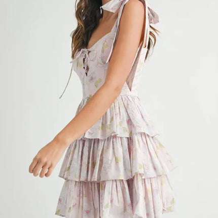 MABLE Floral Print Shoulder Tie Layered Mini Dress - Image 3