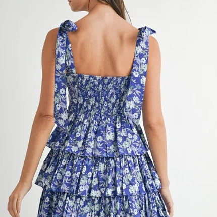 MABLE Floral Print Shoulder Tie Layered Mini Dress - Image 6